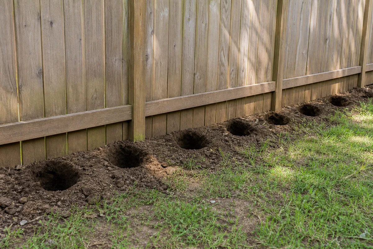 Dog-dug holes along a backyard fence line