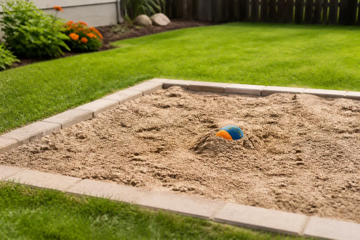 A designated digging spot in a yard with a half-buried toy