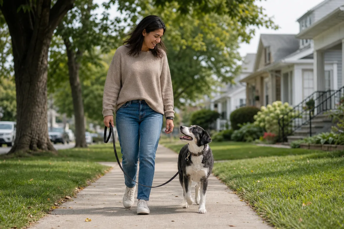 A dog walking calmly on a slack leash beside its owner on a sidewalk