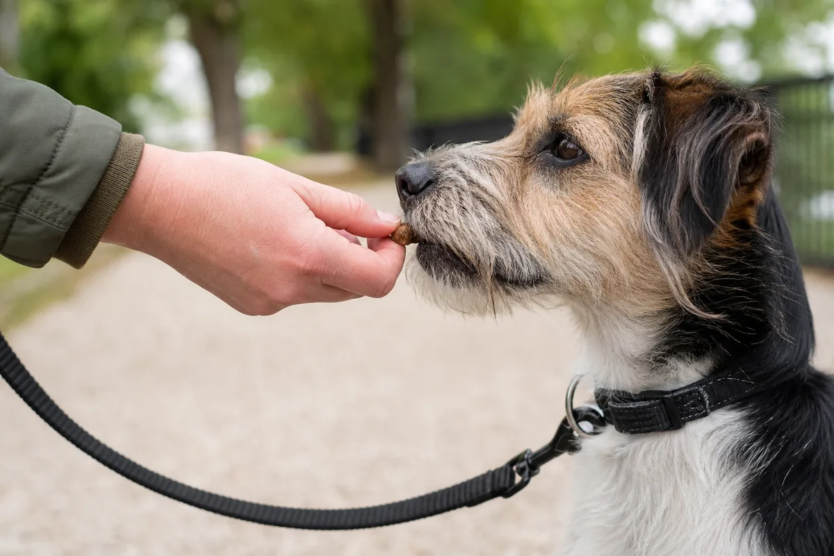 Rewarding a dog with a treat the moment its leash goes slack
