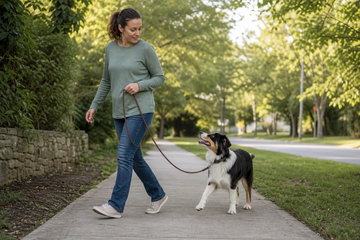 An owner changing direction during a loose-leash training walk