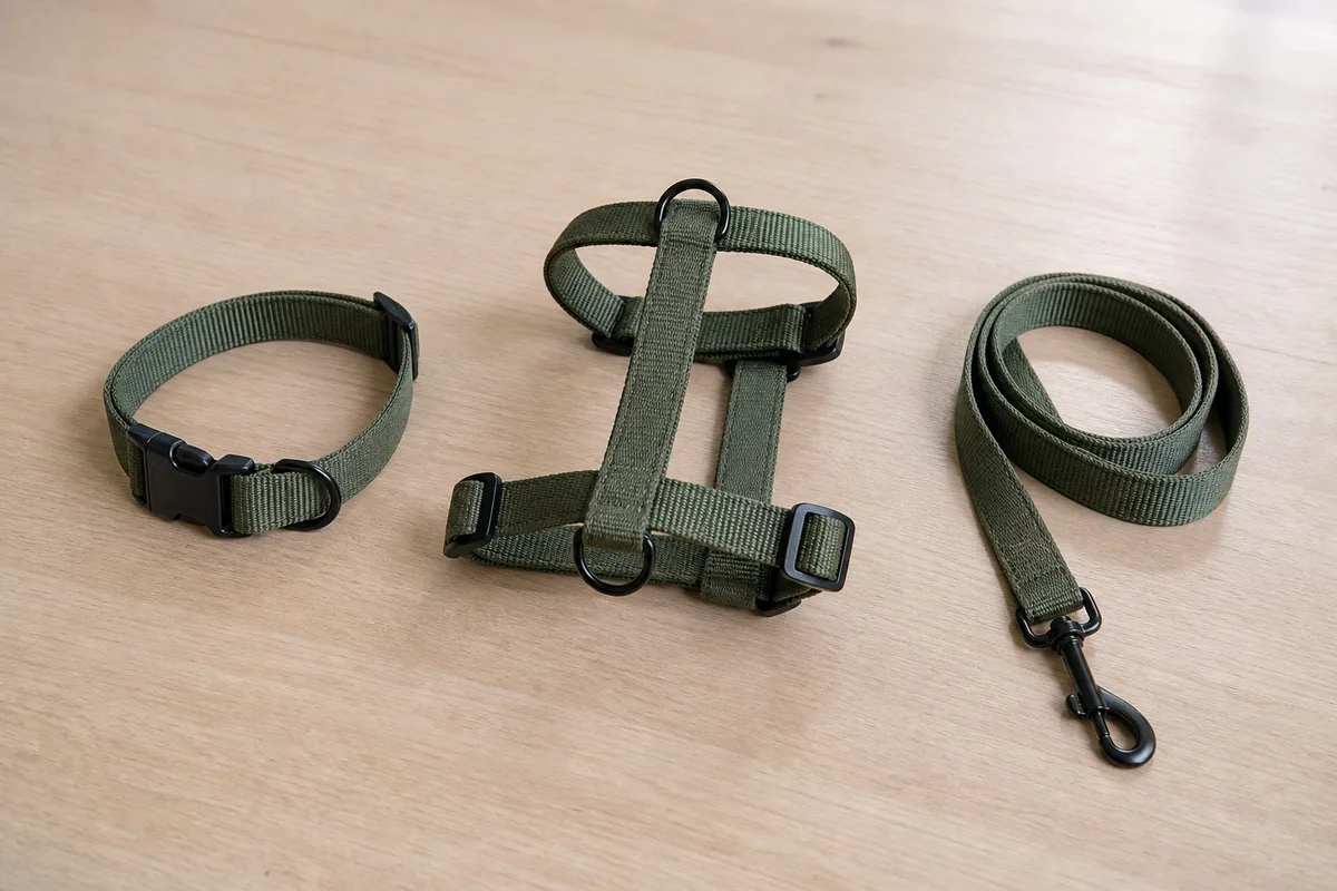 A dog collar, harness, and leash laid out for walk training