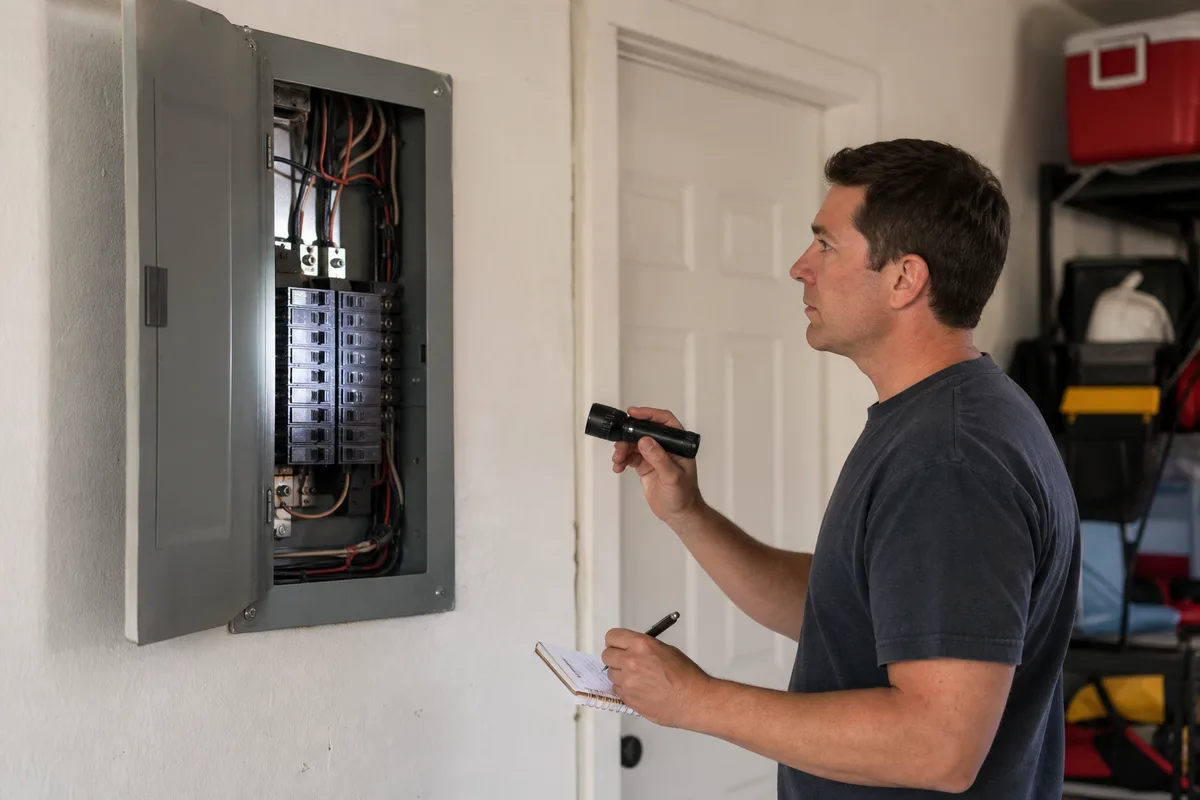 A homeowner labeling an open residential breaker panel with a flashlight
