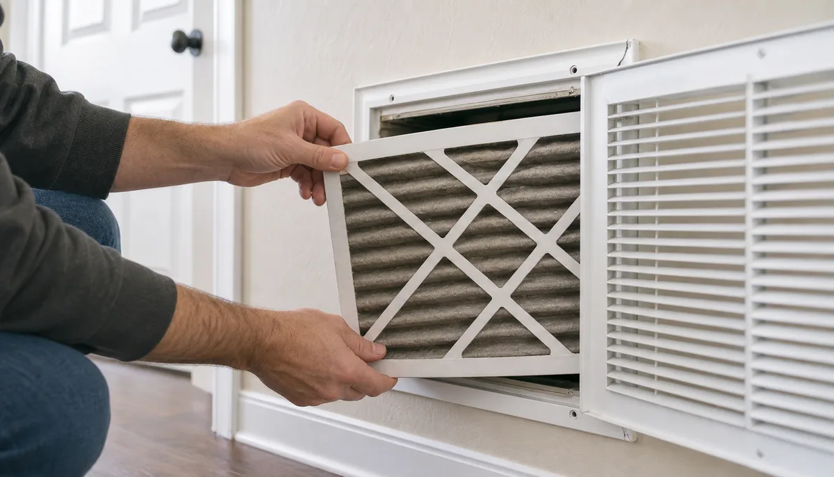 Removing a dirty return-air filter from a home HVAC vent