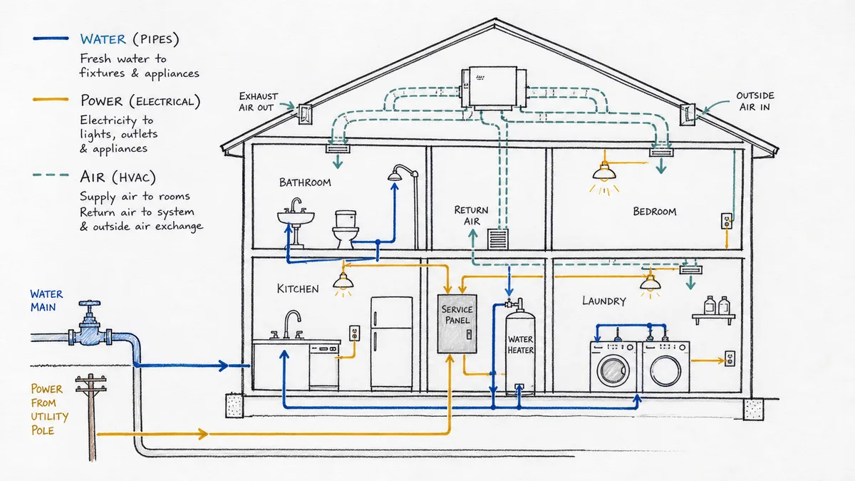 A hand-drawn diagram of a home's water, electrical, and air systems