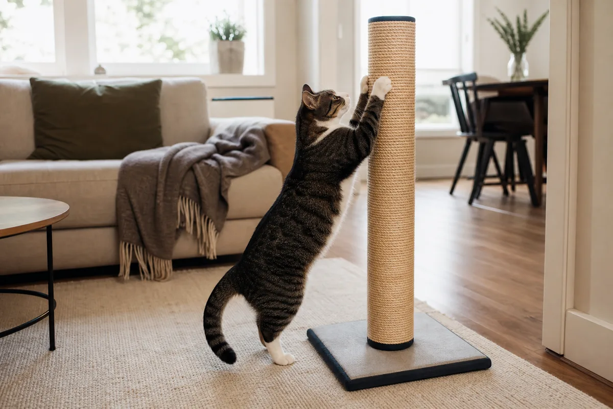 A cat scratching a tall sturdy post in a living room
