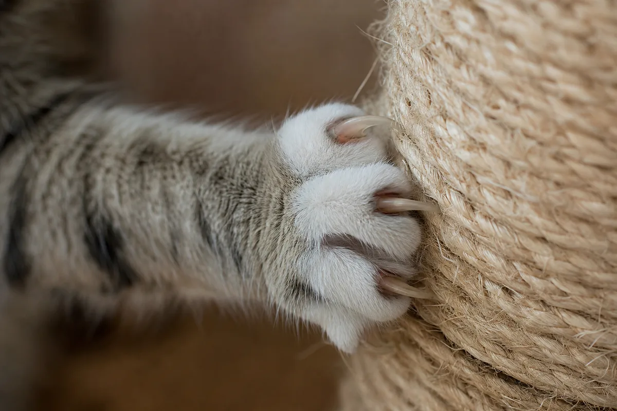 A close-up of a cat's extended claws on a scratching surface