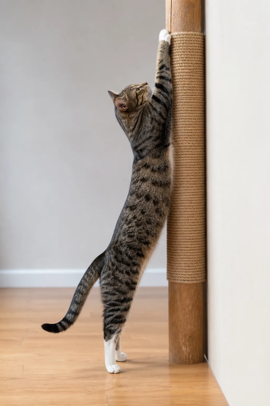 A cat stretching its full length against a scratching post
