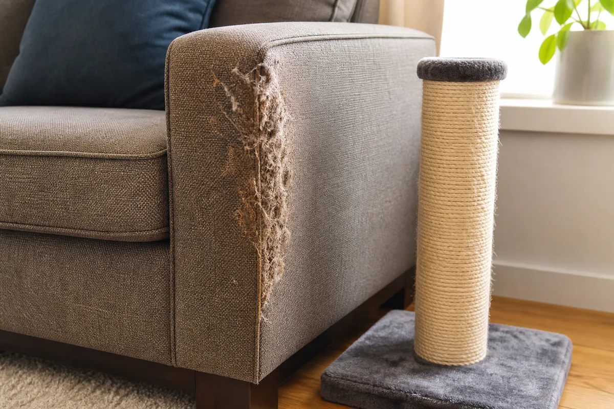 A scratching post placed beside a couch corner a cat had targeted