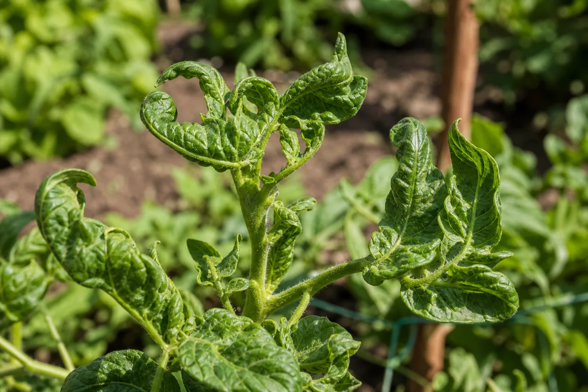 Tomato leaves cupping upward on a plant in a sunny garden
