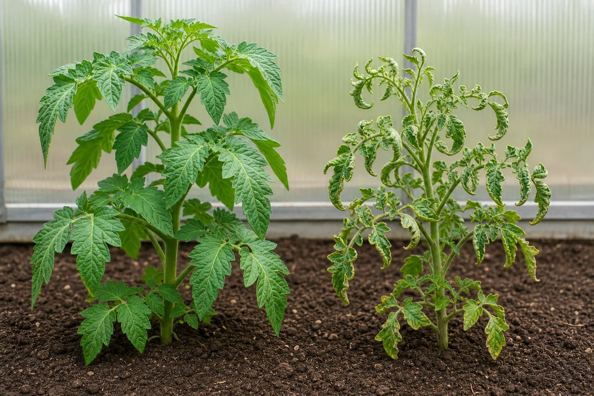 A healthy tomato plant beside one with curling leaves